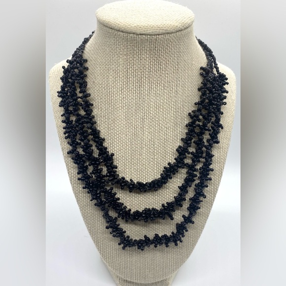 Jewelry - Black Elegant Cluster Beaded Layered Chunky Necklace Vintage Classic Party Retro